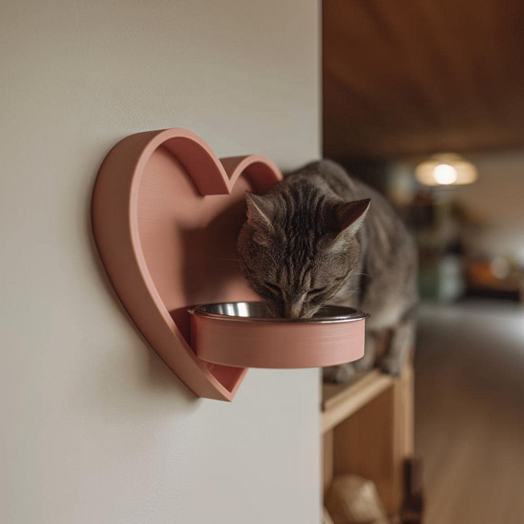 Heart Wall Mounted Pet Bowl Holder | 3D Printed Raised Feeder Frame for Cat or Small Dog | Cute Feeding Station Home Decor Wall Feeder Stand