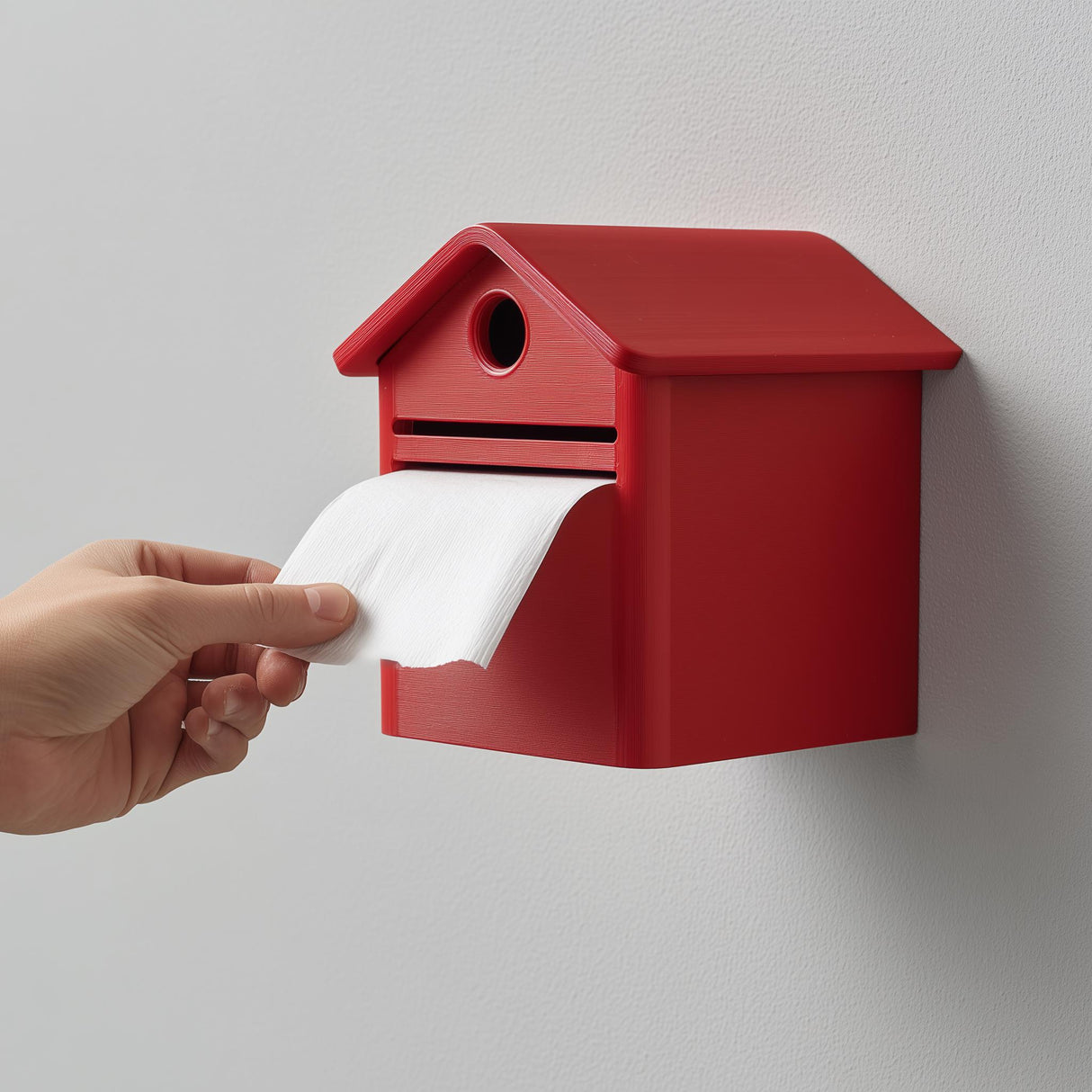 3D printed mailbox-style wall mounted toilet paper holder shaped like a small house with a roof and round “mail slot” detail, hand pulling toilet paper.
