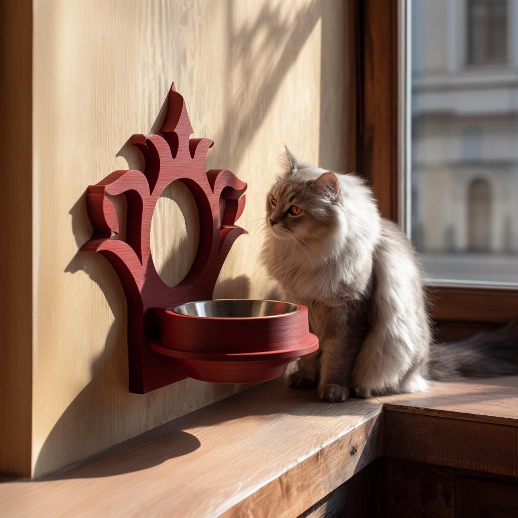 Gothic Wall Mounted Pet Bowl Holder | 3D Printed Raised Feeder Frame for Cat & Small Dog Bowls | Fantasy Home Decor Feeding Station