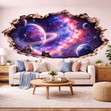 Torn wall opening effect revealing a colorful purple and blue galaxy with a large ringed planet, smaller moons, bright nebula clouds, stars, and rocky edges.
