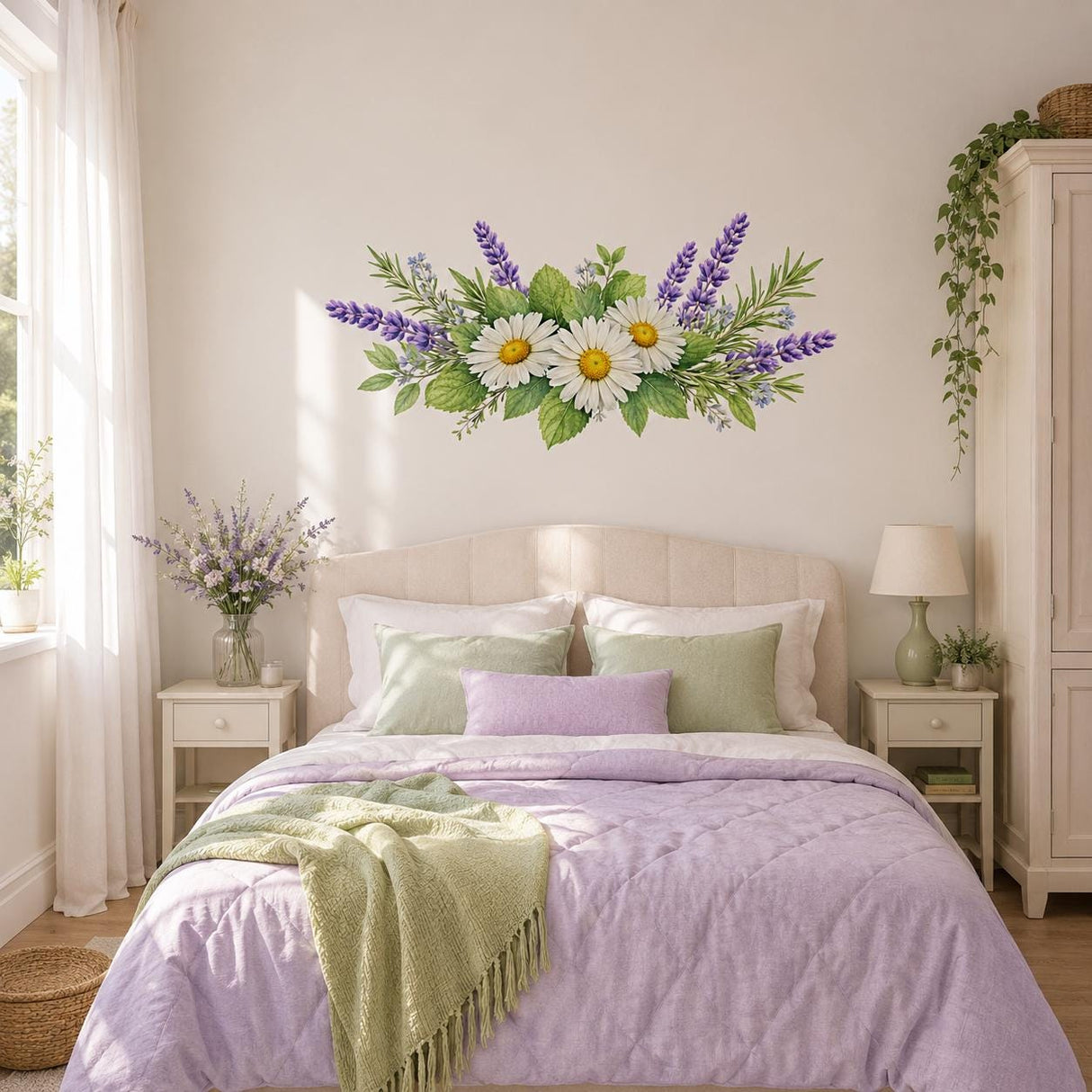 Daisy Lavender Wall Vinyl Decal | Watercolor Floral Bouquet Sticker | Rustic Farmhouse Kitchen Wall Art | Botanical Spring Decor