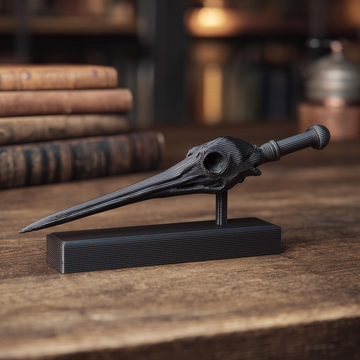 3D printed raven skull magic wand with display stand in matte black PLA on a wooden desk in a fantasy gothic interior setting.