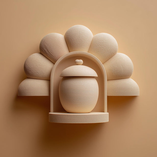 3D printed wall mounted memorial shelf with decorative urn in matte PLA featuring floral-inspired arch design on warm beige wall.
