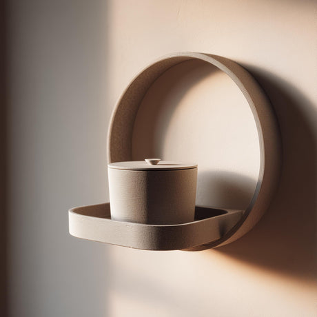 3D printed wall mounted memorial shelf with cylindrical urn in matte PLA featuring minimalist circular frame design on warm neutral wall.