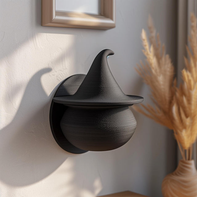 3D printed witch hat wall decor shelf in matte PLA mounted on a soft neutral wall with warm natural lighting and dried plants nearby.