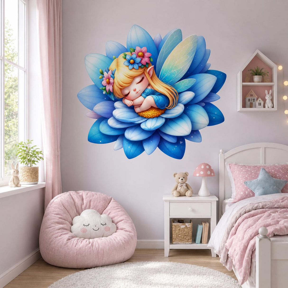 Sleeping Fairy Wall Vinyl Decal | Cute Blue Flower Fairy Sticker | Nursery Bedroom Wall Art | Whimsical Baby Girl Room Decor