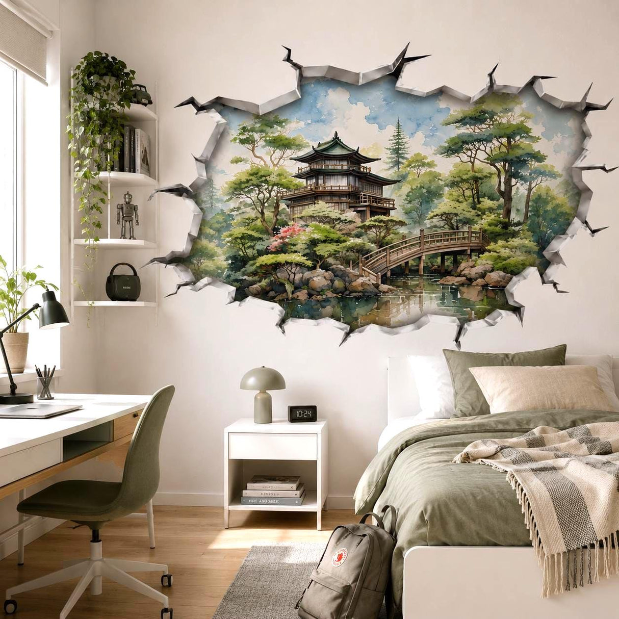 3D Japanese Garden Wall Vinyl Decal | Zen Pagoda Bridge Broken Wall Illusion Sticker | Watercolor Landscape Wall Art | Spa Yoga Decor
