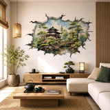 3D Japanese Garden Wall Vinyl Decal | Zen Pagoda Bridge Broken Wall Illusion Sticker | Watercolor Landscape Wall Art | Spa Yoga Decor