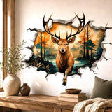 3D broken wall vinyl decal showing a stag with large antlers stepping out of a forest landscape with warm autumn colors, trees, and water.