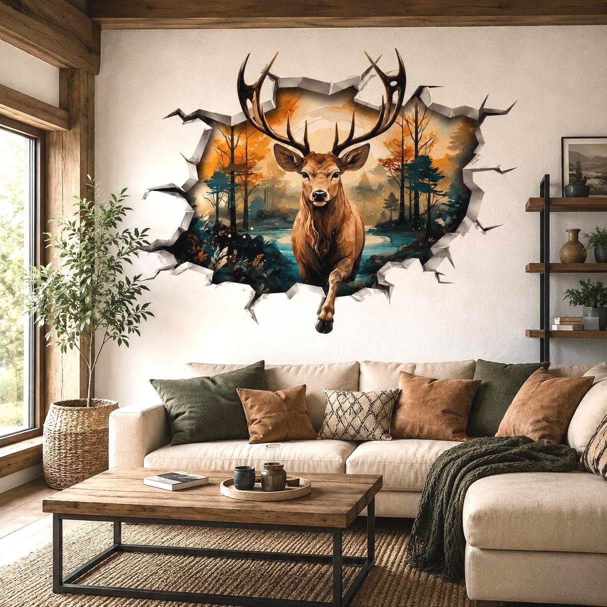 3D Deer Wall Vinyl Decal | Stag Broken Wall Illusion Sticker | Forest Wildlife Wall Art | Rustic Cabin Lodge Decor | Autumn Scene