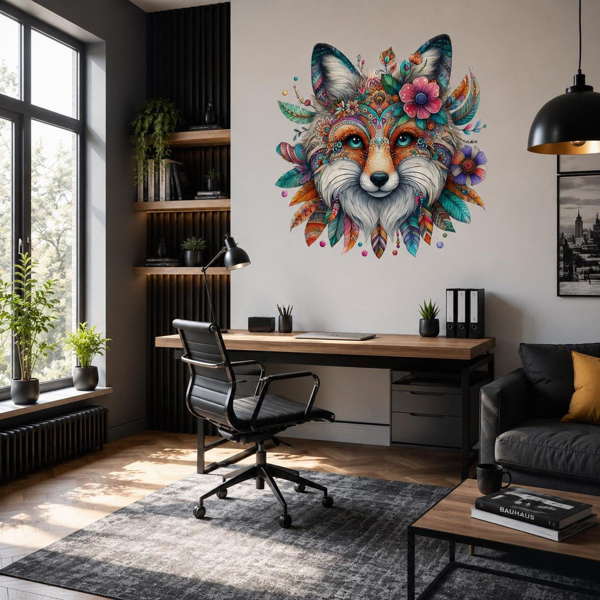 Boho Fox Wall Vinyl Decal | Colorful Mandala Animal Face Sticker | Woodland Nursery Wall Art | Tribal Feathers Floral Decor
