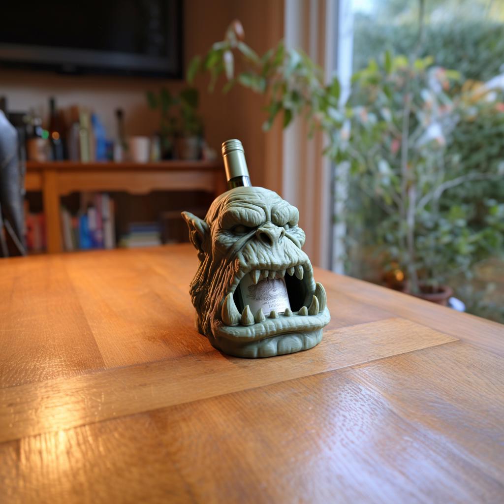 Orc Skull Wine Bottle Holder for Standard Bottles | 3D Printed Fantasy Monster Wine Rack Display for Gothic Home Bar Shelf Decor Accent