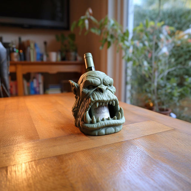 Alternate product view of the fantasy character wine bottle holder.