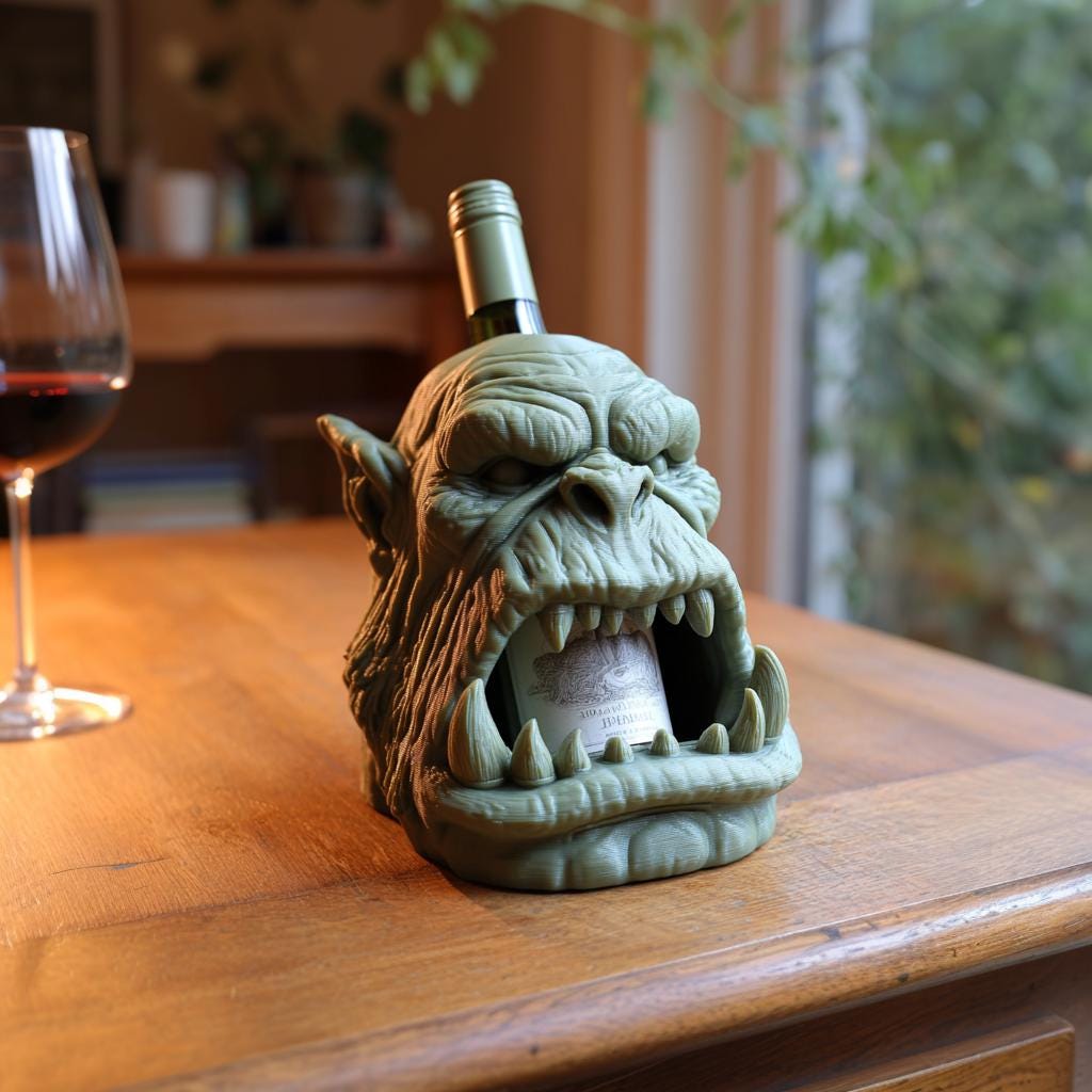 Orc Skull Wine Bottle Holder for Standard Bottles | 3D Printed Fantasy Monster Wine Rack Display for Gothic Home Bar Shelf Decor Accent