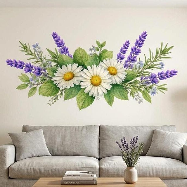 Watercolor floral wall vinyl decal with three white daisies, lavender sprigs, and green leaves in a horizontal bouquet arrangement on a white background.