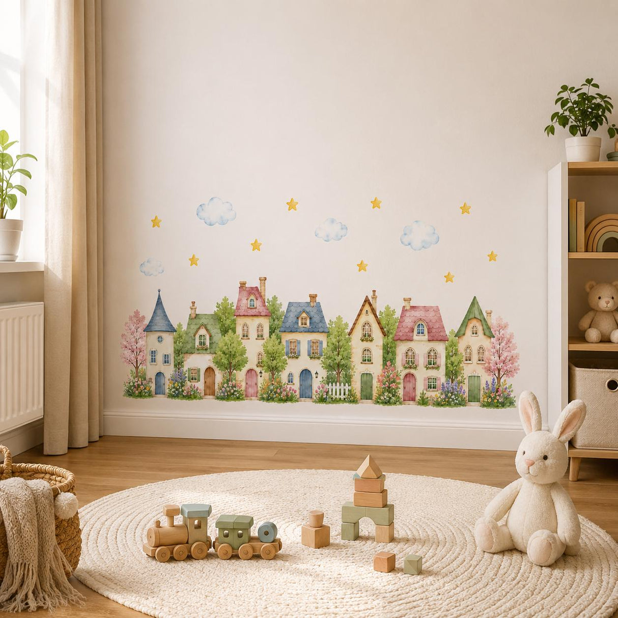 Watercolor Village Houses Wall Vinyl Decal | Cute Cottage Town Sticker | Nursery Kids Room Wall Art | Pastel Home Street Decor