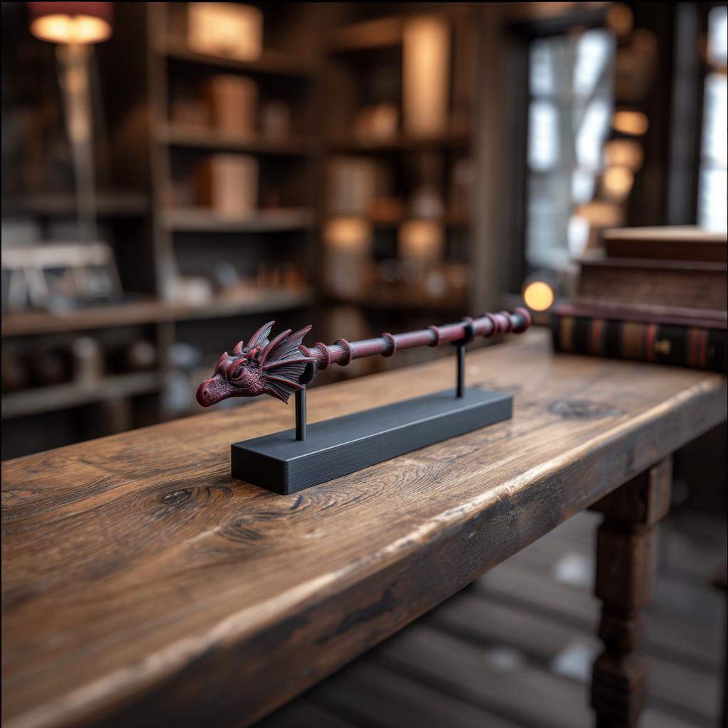 Dragon Head Magic Wand with Display Stand | 3D Printed Fantasy Wizard Staff Replica | Gothic Desk Decor Cosplay Collectible