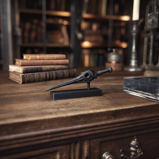 Alternate product view of 3D Printed Raven Skull Magic Wand with Stand.