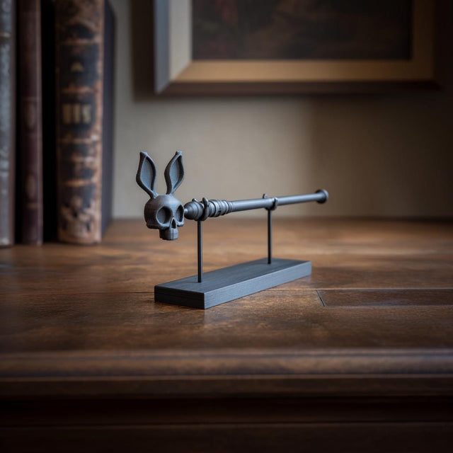 Alternate product view of 3D Printed Rabbit Skull Magic Wand with Stand.