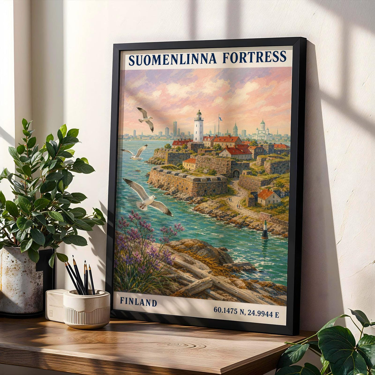 Suomenlinna Fortress Art Print - Modern Gouache, Teal and Turquoise Seascape