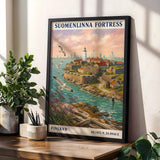 Suomenlinna Fortress Art Print - Modern Gouache, Teal and Turquoise Seascape