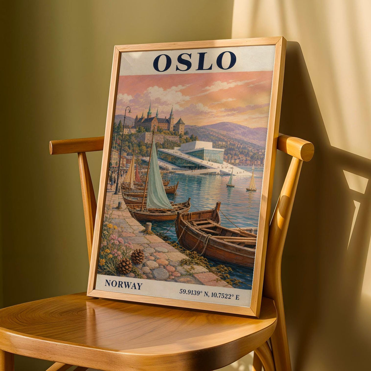Oslo Harbor Travel Poster | Vintage Norway Wall Art Print | Navy Blue Cream Sailboat Cityscape | Scandinavian Coastal Decor | Travel Gift