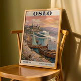 Oslo Harbor Travel Poster | Vintage Norway Wall Art Print | Navy Blue Cream Sailboat Cityscape | Scandinavian Coastal Decor | Travel Gift