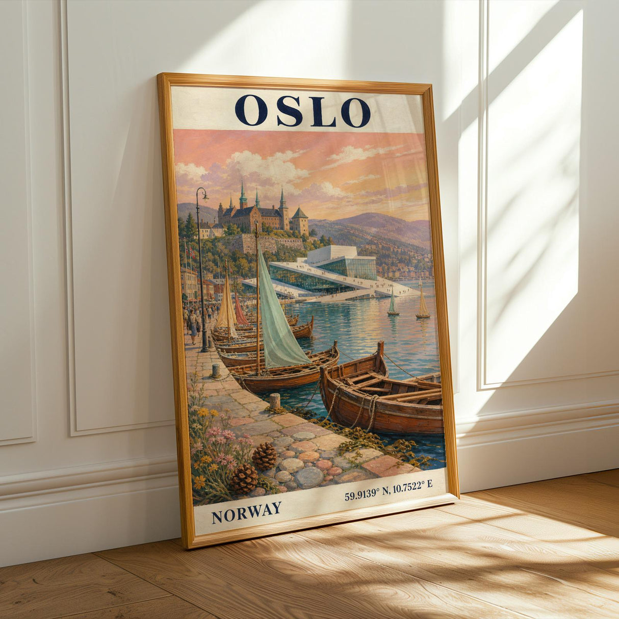 Oslo Harbor Travel Poster | Vintage Norway Wall Art Print | Navy Blue Cream Sailboat Cityscape | Scandinavian Coastal Decor | Travel Gift