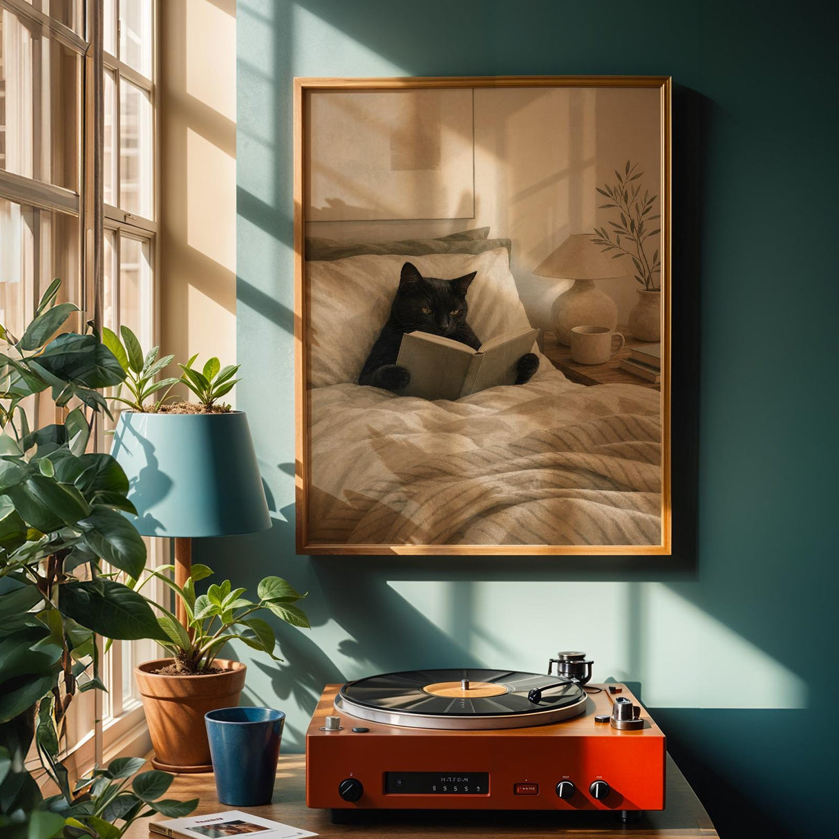 Black Cat Reading in Bed Poster | Modern Minimalist Cat Wall Art | Cozy Bedroom Decor Print | Neutral Contemporary Home Art | Cat Lover Gift