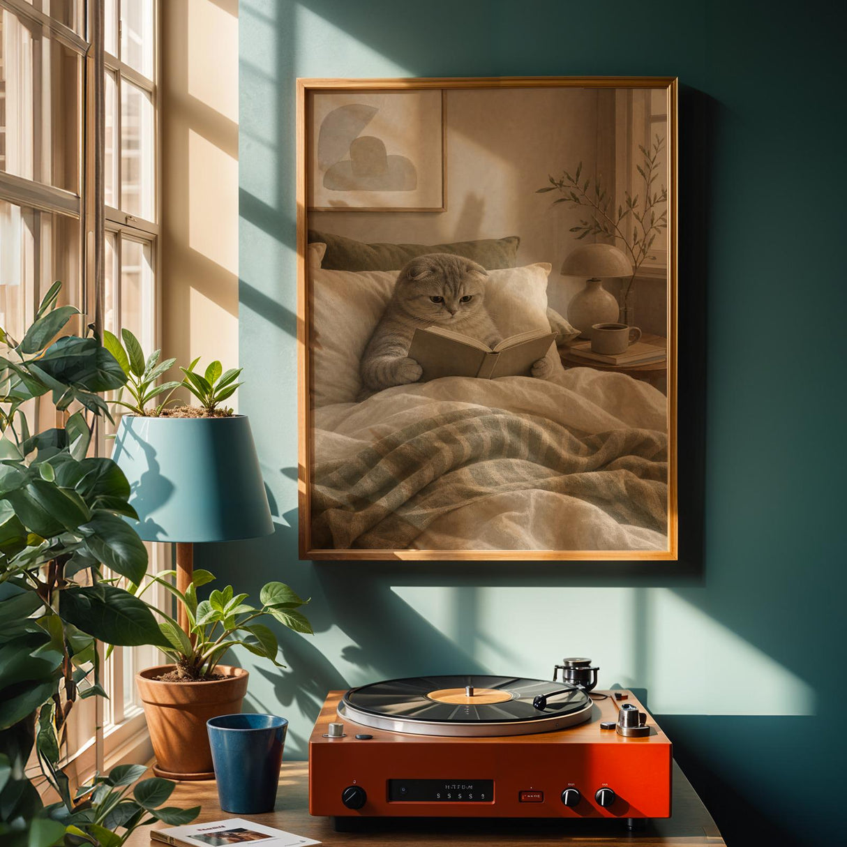 Scottish Fold Cat Reading in Bed Poster | Modern Gouache Cat Wall Art | Warm Beige Oat Milk Decor | Cozy Minimalist Bedroom Print