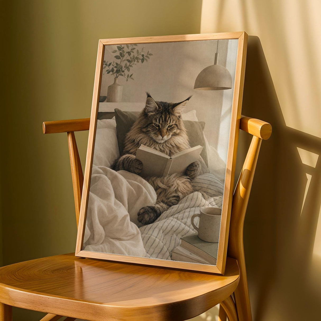 Maine Coon Cat Reading in Bed Poster | Scandinavian Gouache Cat Wall Art | Warm Beige Oat Milk Decor | Cozy Nordic Bedroom Print