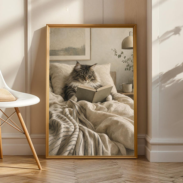 Norwegian Forest Cat Reading in Bed Poster | Modern Gouache Cat Wall Art | Warm Beige Charcoal Gray Decor | Cozy Bedroom Reading Nook Print