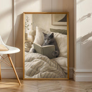 Russian Blue Cat Reading in Bed illustrated in Modern Gouache style on a poster