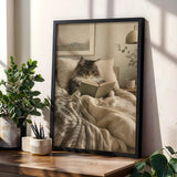 Norwegian Forest Cat Reading in Bed Poster | Modern Gouache Cat Wall Art | Warm Beige Charcoal Gray Decor | Cozy Bedroom Reading Nook Print