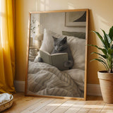 Russian Blue Cat Reading in Bed Poster | Modern Gouache Cat Wall Art | Warm Beige Neutral Decor | Cozy Minimalist Bedroom Print