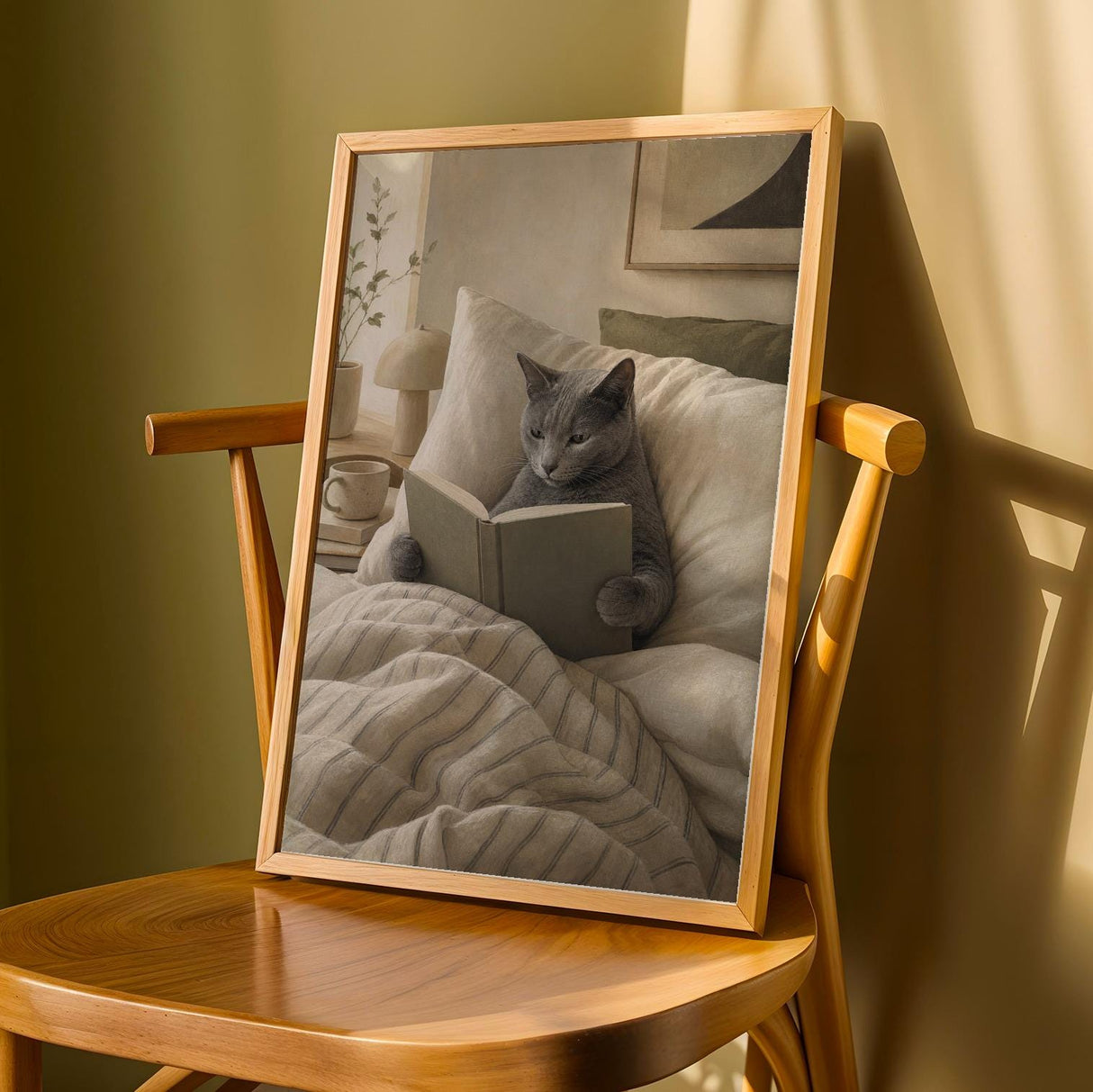 Russian Blue Cat Reading in Bed Poster | Modern Gouache Cat Wall Art | Warm Beige Neutral Decor | Cozy Minimalist Bedroom Print