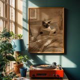 Siamese Cat Reading in Bed Poster | Scandinavian Gouache Cat Wall Art | Beige Ivory Nordic Decor | Cozy Minimalist Bedroom Print