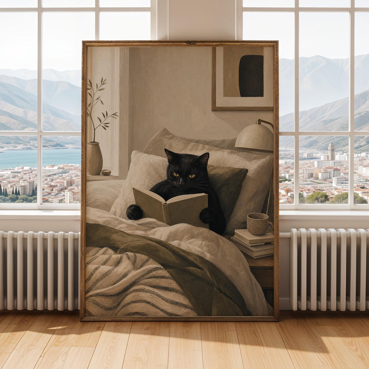 Bombay Cat Reading in Bed Poster | Modern Gouache Cat Wall Art | Warm Beige Oat Milk Decor | Cozy Minimalist Bedroom Print | Cat Lover Gift