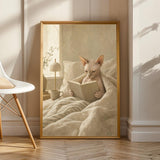 Sphynx Cat Reading in Bed Poster | Modern Gouache Cat Wall Art | Warm Beige Oat Milk Decor | Cozy Minimalist Bedroom Print