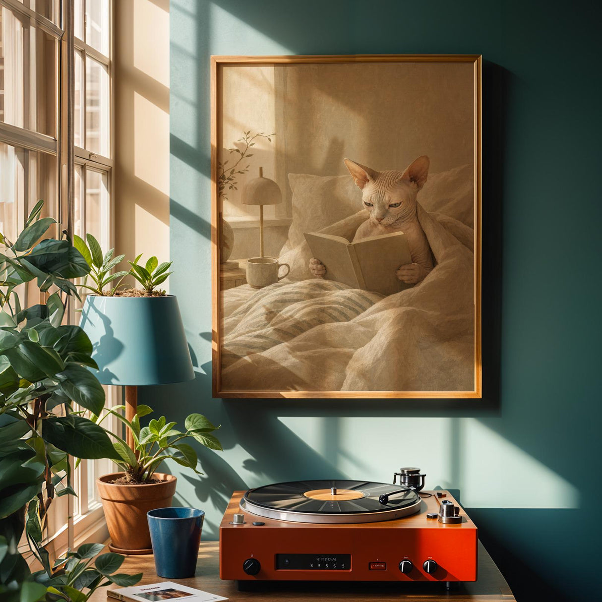 Sphynx Cat Reading in Bed Poster | Modern Gouache Cat Wall Art | Warm Beige Oat Milk Decor | Cozy Minimalist Bedroom Print