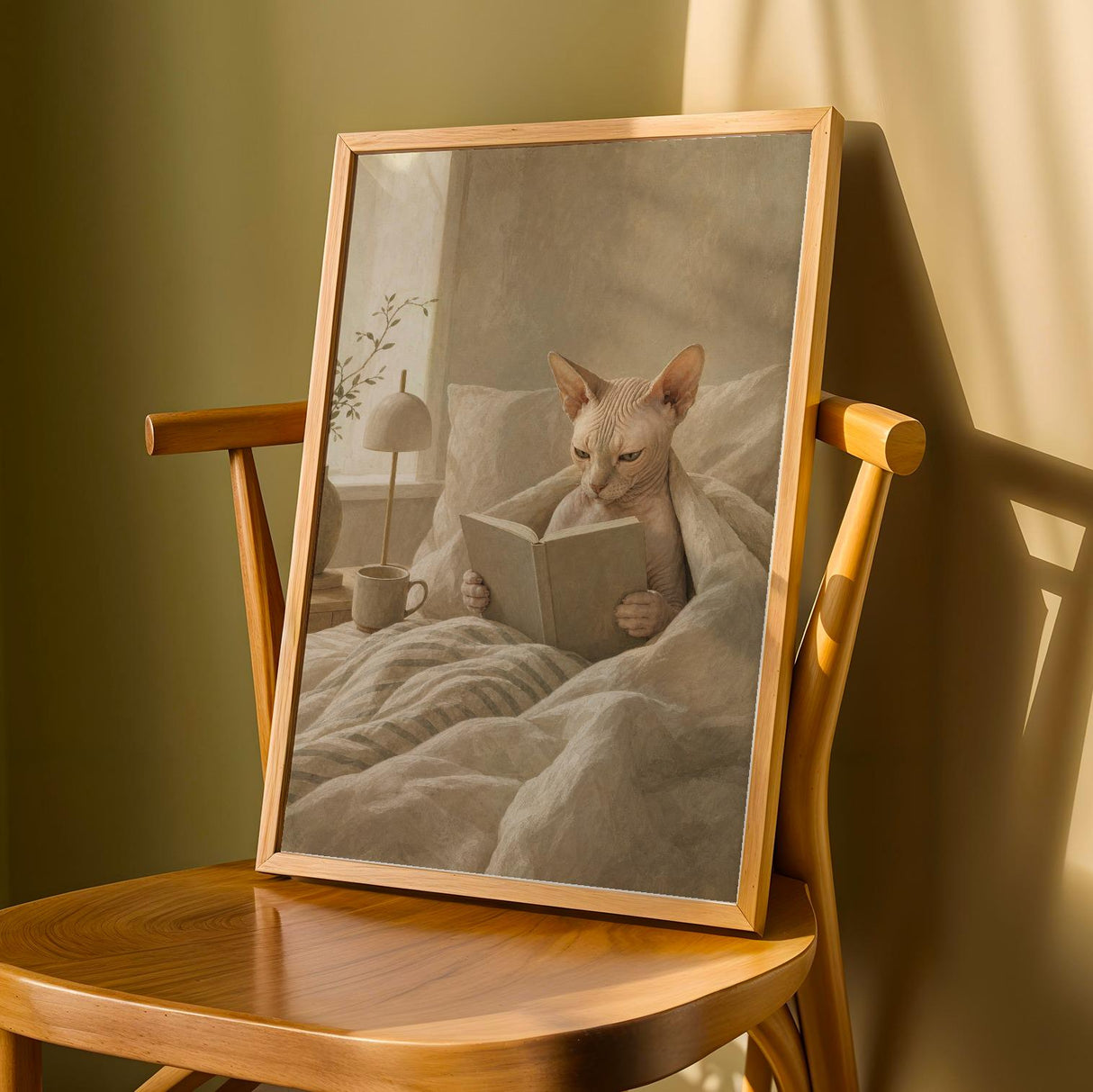 Sphynx Cat Reading in Bed Poster | Modern Gouache Cat Wall Art | Warm Beige Oat Milk Decor | Cozy Minimalist Bedroom Print