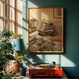 British Shorthair Cat Reading in Bed Poster | Scandinavian Gouache Cat Wall Art | Warm Beige Nordic Decor | Cozy Minimalist Bedroom Print