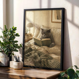 British Shorthair Cat Reading in Bed Poster | Scandinavian Gouache Cat Wall Art | Warm Beige Nordic Decor | Cozy Minimalist Bedroom Print