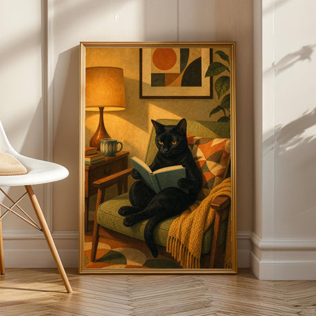 Bombay Cat Reading in Armchair Poster | Retro Modern Cat Wall Art | Yellow Decor | Cozy Mid Century Living Room Print | Cat Lover Gift