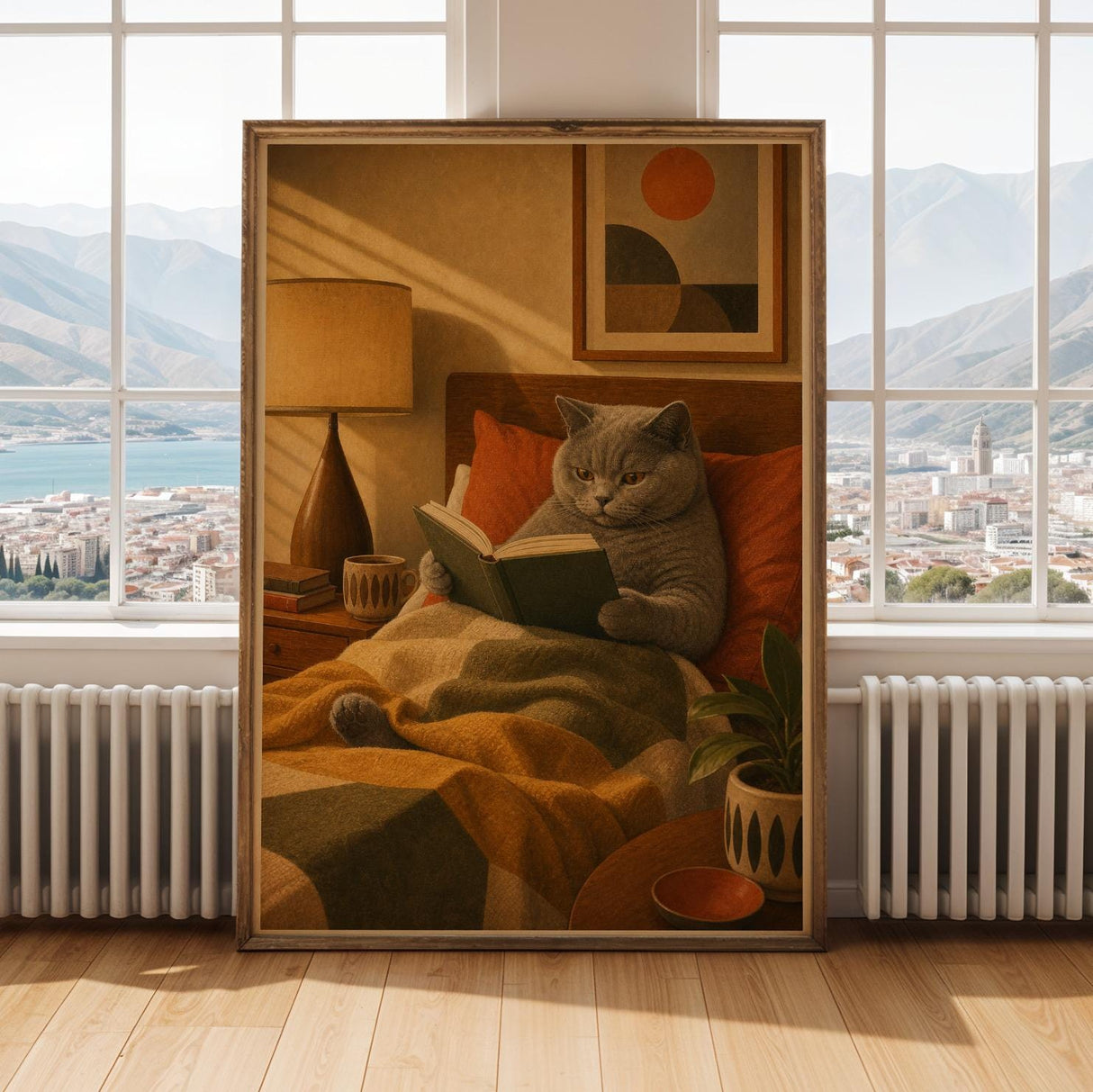 British Shorthair Reading in Armchair Poster | Retro Modern Cat Wall Art | Yellow Burnt Orange Decor | Cozy Mid Century Living Room Print