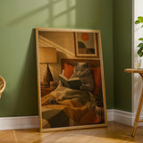 British Shorthair Reading in Armchair Poster | Retro Modern Cat Wall Art | Yellow Burnt Orange Decor | Cozy Mid Century Living Room Print