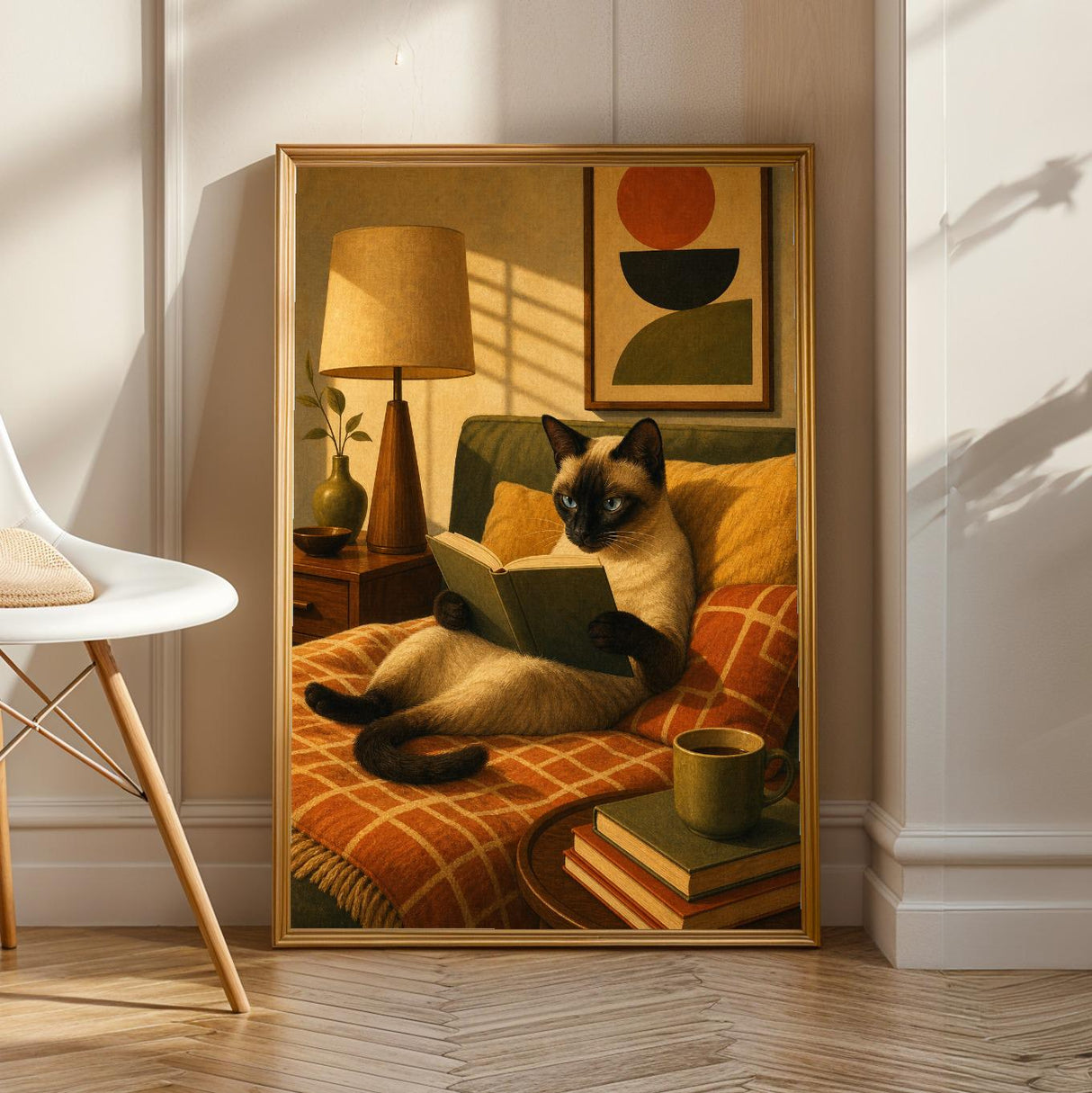 Siamese Cat Reading in Bed Poster | Modern Minimalist Cat Wall Art | Neutral Contemporary Living Room Print | Cozy Bedroom Home Decor