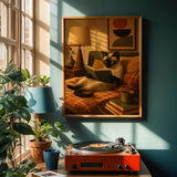 Siamese Cat Reading in Bed Poster | Modern Minimalist Cat Wall Art | Neutral Contemporary Living Room Print | Cozy Bedroom Home Decor