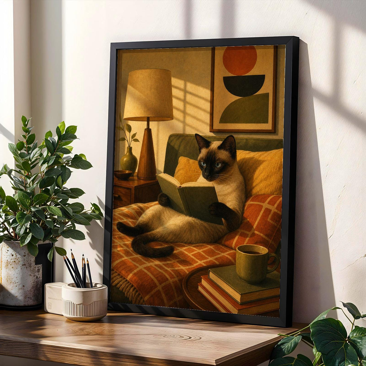 Siamese Cat Reading in Bed Poster | Modern Minimalist Cat Wall Art | Neutral Contemporary Living Room Print | Cozy Bedroom Home Decor