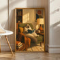 Ragdoll Cat Reading in Armchair Poster | Retro Painterly Cat Wall Art | Olive Green Burnt Orange Decor | Cozy Mid Century Living Room Print